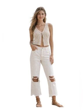 Free People We the Free Maggie Cropped White Jeans 30 Button Fly Distressed